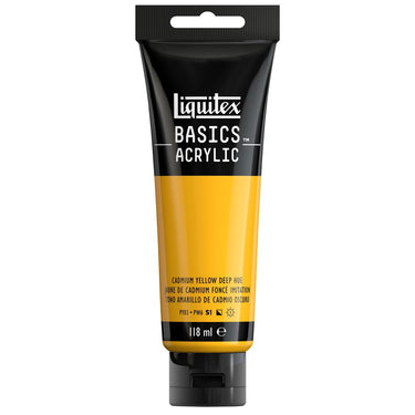 Liquitex Basics 118ML, Jaune de Cadmium Foncé Imitation (produit en gros plan sur fond blanc)