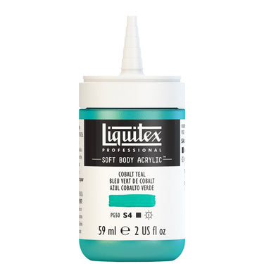 Liquitex Soft Body Flacon de 59ML, Bleu Vert de Cobalt. Sans Capouchon. Sur Fond Blanc.