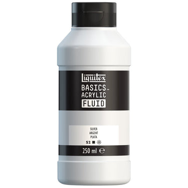 Liquitex Basics Fluid Acrylique, 250ML, Argent (produit en gros plan sur fond blanc).