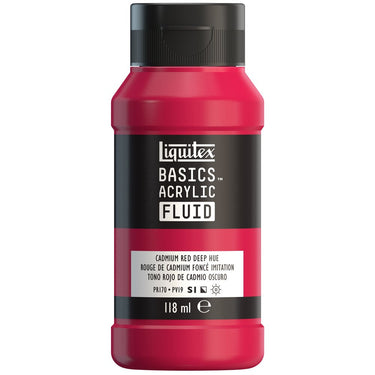 Liquitex Basics Fluid Acrylique, 118ML, Rouge de Cadmium Foncé Imitation (produit en gros plan sur fond blanc).