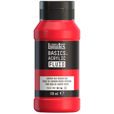 Liquitex Basics Fluid Acrylique, 118ML, Rouge de Cadmium Moyen Imitation (produit en gros plan sur fond blanc).