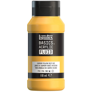 Liquitex Basics Fluid Acrylique, 118ML, Jaune de Cadmium Foncé Imitation (produit en gros plan sur fond blanc).