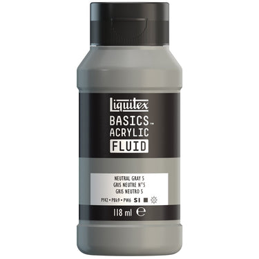 Liquitex Basics Fluid Acrylique, 118ML, Gris neutre 5 (produit en gros plan sur fond blanc).