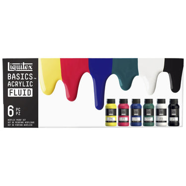Gros plan du coffret Liquitex Acrylique Basics Fluid 6x118ml sur fond blanc