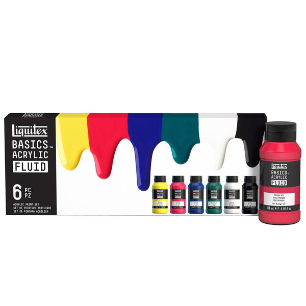 Gros plan du coffret Liquitex Acrylique Basics Fluid 6x118ml sur fond blanc