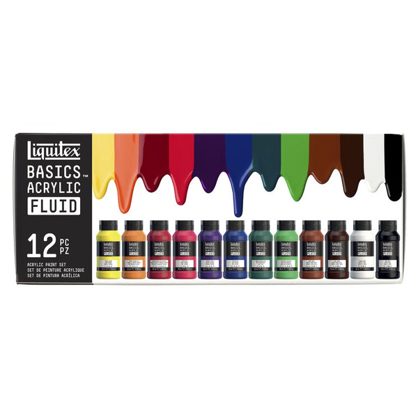 Gros plan du coffret Liquitex Acrylique Basics Fluid 12x118ml sur fond blanc