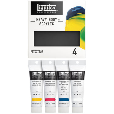 Coffret acrylique Heavy Body, 4x59ml, Mélanges gros plan des produits sortis de la boîte à côté du coffret
