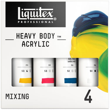 Gros plan du coffret Liquitex Acrylique Heavy Body - 4x59ml - Mélanges sur fond blanc