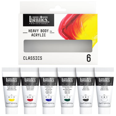 Coffret acrylique Heavy Body, 6x22ml, Classiques gros plan des produits sortis de la boîte à côté du coffret