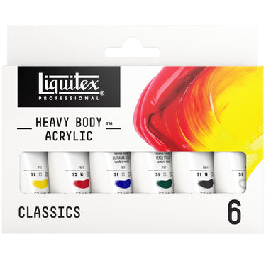 Gros plan du coffret Liquitex Acrylique Heavy Body - 6x22ml - Classiques sur fond blanc