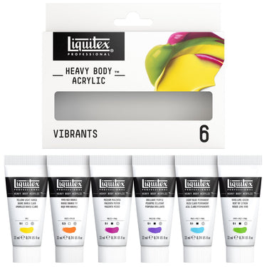 Coffret acrylique Heavy Body, 6x22ml, Vibrants gros plan des produits sortis de la boîte à côté du coffret
