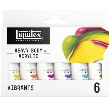 Gros plan du coffret Liquitex Acrylique Heavy Body - 6x22ml - Vibrants sur fond blanc