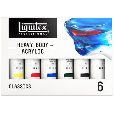 Gros plan du coffret Liquitex Acrylique Heavy Body - 6x59ml - Classiques sur fond blanc