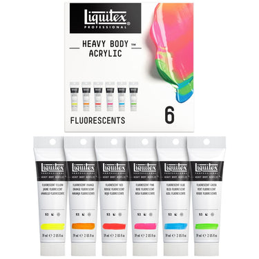 Coffret acrylique Heavy Body, 6x59ml, Fluorescents gros plan des produits sortis de la boîte à côté du coffret