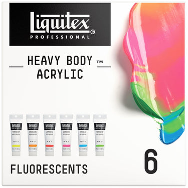 Gros plan du coffret Liquitex Acrylique Heavy Body - 6x59ml - Fluorescents sur fond blanc