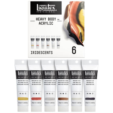 Coffret acrylique Heavy Body, 6x59ml, Iridescents gros plan des produits sortis de la boîte à côté du coffret