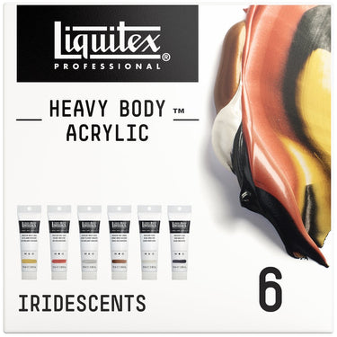 Gros plan du coffret Liquitex Acrylique Heavy Body - 6x59ml - Iridescents sur fond blanc