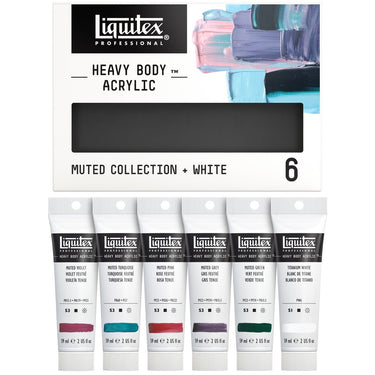 Coffret acrylique Heavy Body, 6x59ml, Collection Feutrée + Blanc gros plan des produits sortis de la boîte à côté du coffret