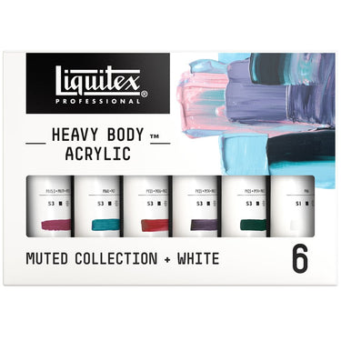 Gros plan du coffret Liquitex Acrylique Heavy Body - 6x59ml - Collection Feutrée + Blanc sur fond blanc