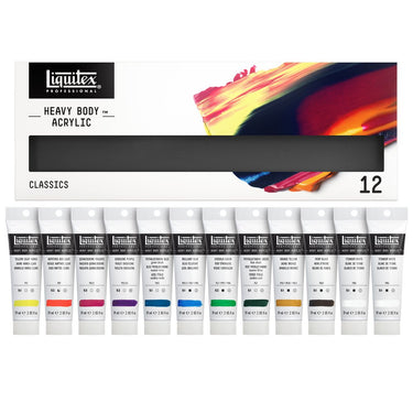 Coffret acrylique Heavy Body -12x59ml, Classiques gros plan des produits sortis de la boîte à côté du coffret