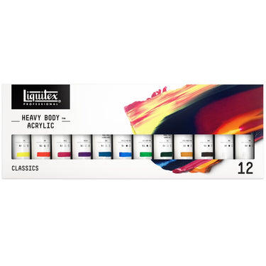 Gros plan du coffret Liquitex Acrylique Heavy Body -12x59ml - Classiques sur fond blanc