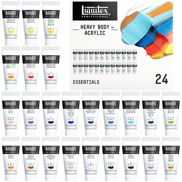 Coffret acrylique Heavy Body, 24x22ml, Essentielles gros plan des produits sortis de la boîte à côté du coffret