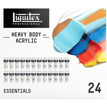 Gros plan du coffret Liquitex Acrylique Heavy Body - 24x22ml - Essentielles sur fond blanc