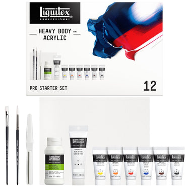 Coffret acrylique Heavy Body, Initiation gros plan des produits sortis de la boîte à côté du coffret