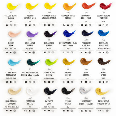 Liquitex Heavy Body - Coffret Essentielles. Palette de couleurs de 24 couleurs dans la boîte avec leur nom, numéro, code pigment et symboles d'opacité et de résistance à la lumière