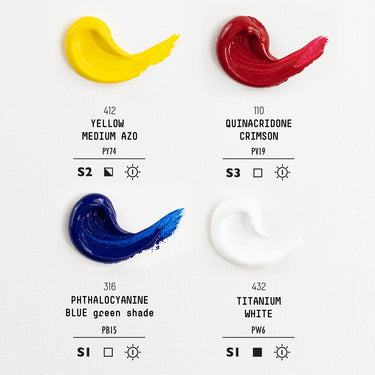 Liquitex Heavy Body - Coffret Mélanges. Palette de couleurs de 4 couleurs dans la boîte avec leur nom, numéro, code pigment et symboles d'opacité et de résistance à la lumière