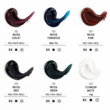 Liquitex Heavy Body - Coffret Feutrée + Blanc. Palette de couleurs de 6 couleurs dans la boîte avec leur nom, numéro, code pigment et symboles d'opacité et de résistance à la lumière