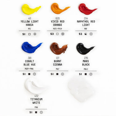 Liquitex Heavy Body - Coffret Initiation. Palette de couleurs de couleurs dans la boîte avec leur nom, numéro, code pigment et symboles d'opacité et de résistance à la lumière