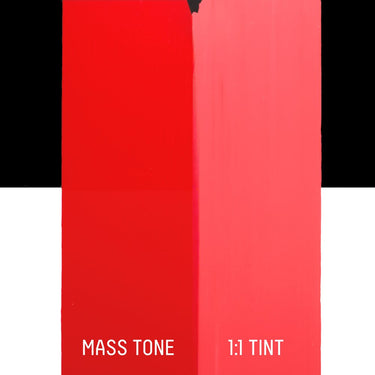 PETIT Échantillon de Acrylique Liquitex Heavy Body, Rouge Pyrrolemontrant la teinte pure (mass tone) de le couleuer et mélangé à parts égales avec du blanc (1:1 tint)