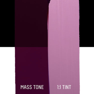 PETIT Échantillon de Acrylique Liquitex Heavy Body, Bleu Violet Quinacridonemontrant la teinte pure (mass tone) de le couleuer et mélangé à parts égales avec du blanc (1:1 tint)