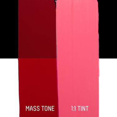 PETIT Échantillon de Acrylique Liquitex Heavy Body, Carmin Quinacridonemontrant la teinte pure (mass tone) de le couleuer et mélangé à parts égales avec du blanc (1:1 tint)