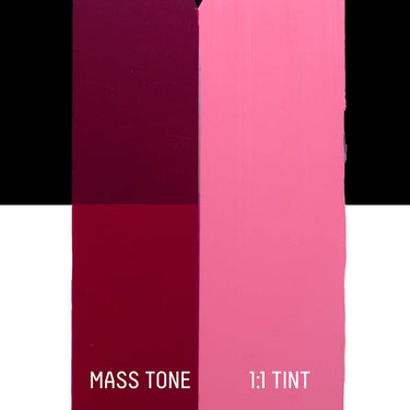 PETIT Échantillon de Acrylique Liquitex Heavy Body, Magenta Quinacridonemontrant la teinte pure (mass tone) de le couleuer et mélangé à parts égales avec du blanc (1:1 tint)