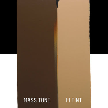 PETIT Échantillon de Acrylique Liquitex Heavy Body, Terre d'Ombre Naturellemontrant la teinte pure (mass tone) de le couleuer et mélangé à parts égales avec du blanc (1:1 tint)