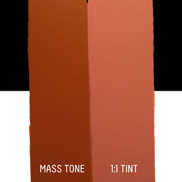 PETIT Échantillon de Acrylique Liquitex Heavy Body, Rouge Oxydemontrant la teinte pure (mass tone) de le couleuer et mélangé à parts égales avec du blanc (1:1 tint)