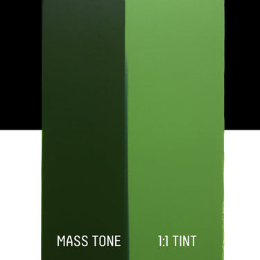 PETIT Échantillon de Acrylique Liquitex Heavy Body, Vert de Vessie Permanentmontrant la teinte pure (mass tone) de le couleuer et mélangé à parts égales avec du blanc (1:1 tint)