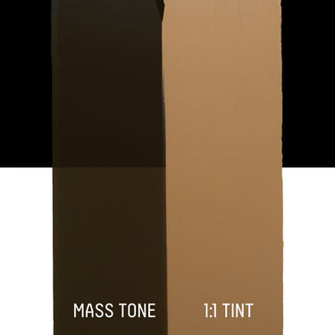 PETIT Échantillon de Acrylique Liquitex Heavy Body, Terre d'Ombre Brûlée Transparentemontrant la teinte pure (mass tone) de le couleuer et mélangé à parts égales avec du blanc (1:1 tint)