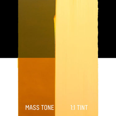 PETIT Échantillon de Acrylique Liquitex Heavy Body, Terre de Sienne Naturelle Transparentemontrant la teinte pure (mass tone) de le couleuer et mélangé à parts égales avec du blanc (1:1 tint)