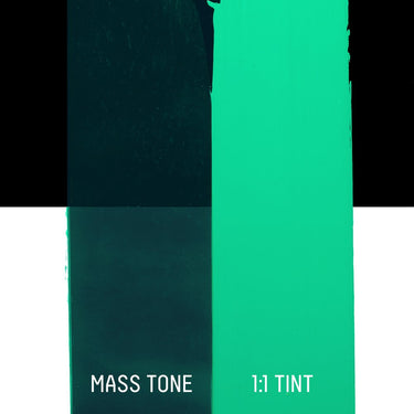 PETIT Échantillon de Acrylique Liquitex Heavy Body, Viridian Transparent Imitationmontrant la teinte pure (mass tone) de le couleuer et mélangé à parts égales avec du blanc (1:1 tint)