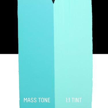 PETIT Échantillon de Acrylique Liquitex Heavy Body, Bleu Clair Permanentmontrant la teinte pure (mass tone) de le couleuer et mélangé à parts égales avec du blanc (1:1 tint)