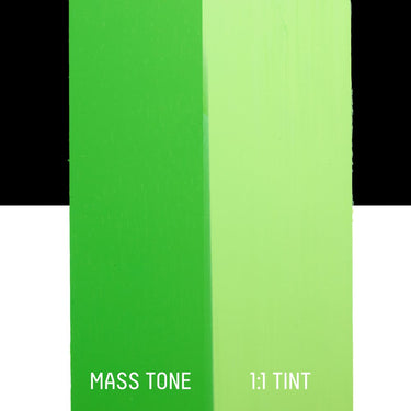 PETIT Échantillon de Acrylique Liquitex Heavy Body, Vert Émeraude Clairmontrant la teinte pure (mass tone) de le couleuer et mélangé à parts égales avec du blanc (1:1 tint)