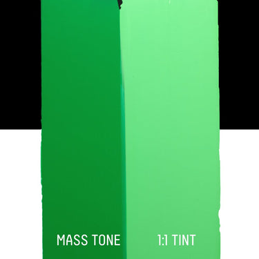 PETIT Échantillon de Acrylique Liquitex Heavy Body, Vert Clair Permanentmontrant la teinte pure (mass tone) de le couleuer et mélangé à parts égales avec du blanc (1:1 tint)