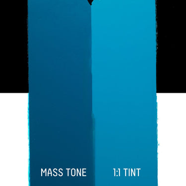PETIT Échantillon de Acrylique Liquitex Heavy Body, Bleu de Manganèse Imitationmontrant la teinte pure (mass tone) de le couleuer et mélangé à parts égales avec du blanc (1:1 tint)