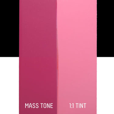 PETIT Échantillon de Acrylique Liquitex Heavy Body, Magenta Moyenmontrant la teinte pure (mass tone) de le couleuer et mélangé à parts égales avec du blanc (1:1 tint)