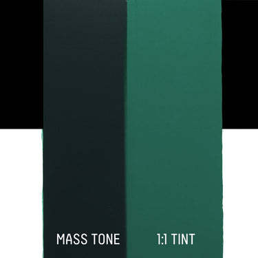 PETIT Échantillon de Acrylique Liquitex Heavy Body, Vert Feutrémontrant la teinte pure (mass tone) de le couleuer et mélangé à parts égales avec du blanc (1:1 tint)