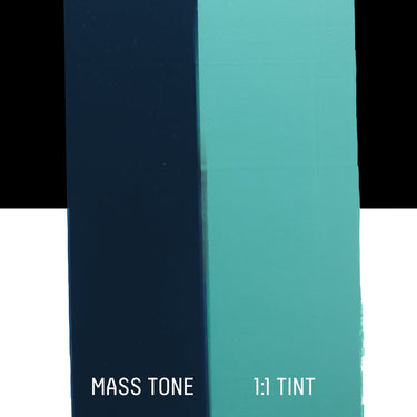 PETIT Échantillon de Acrylique Liquitex Heavy Body, Turquoise Feutrémontrant la teinte pure (mass tone) de le couleuer et mélangé à parts égales avec du blanc (1:1 tint)