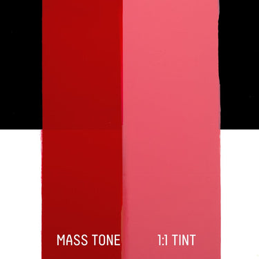 PETIT Échantillon de Acrylique Liquitex Heavy Body, Naphtol Carminmontrant la teinte pure (mass tone) de le couleuer et mélangé à parts égales avec du blanc (1:1 tint)